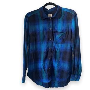 American eagle plaid indigo blue button down blouse long sleeved shirt
